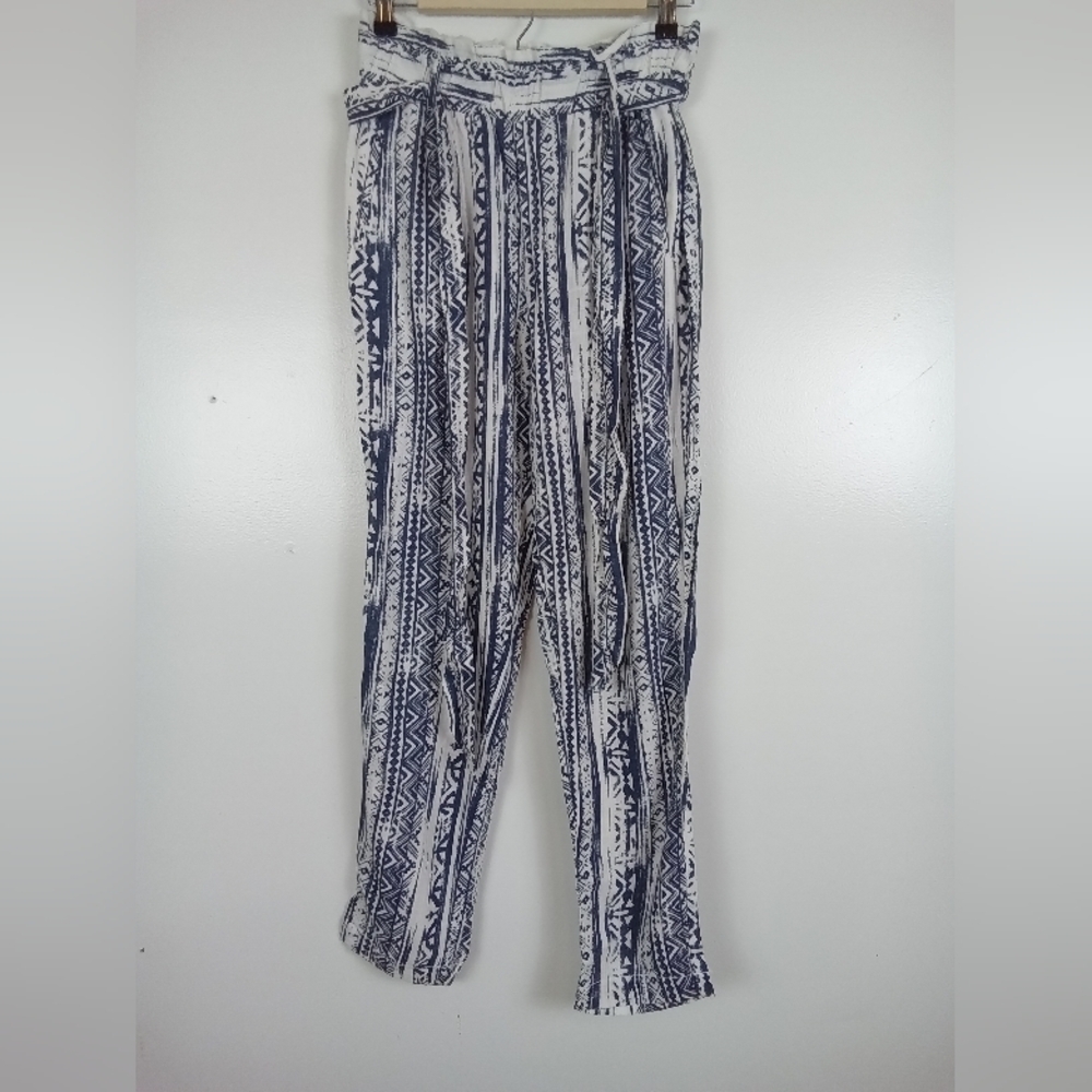 Cali 1850 Women's Paper Bag Linen Pants Small | Boho Abstract Summer Beach Pants